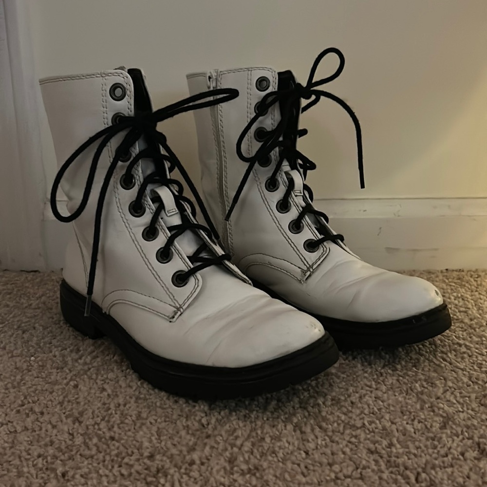 White & Black Leather Combat Boots (Womens)